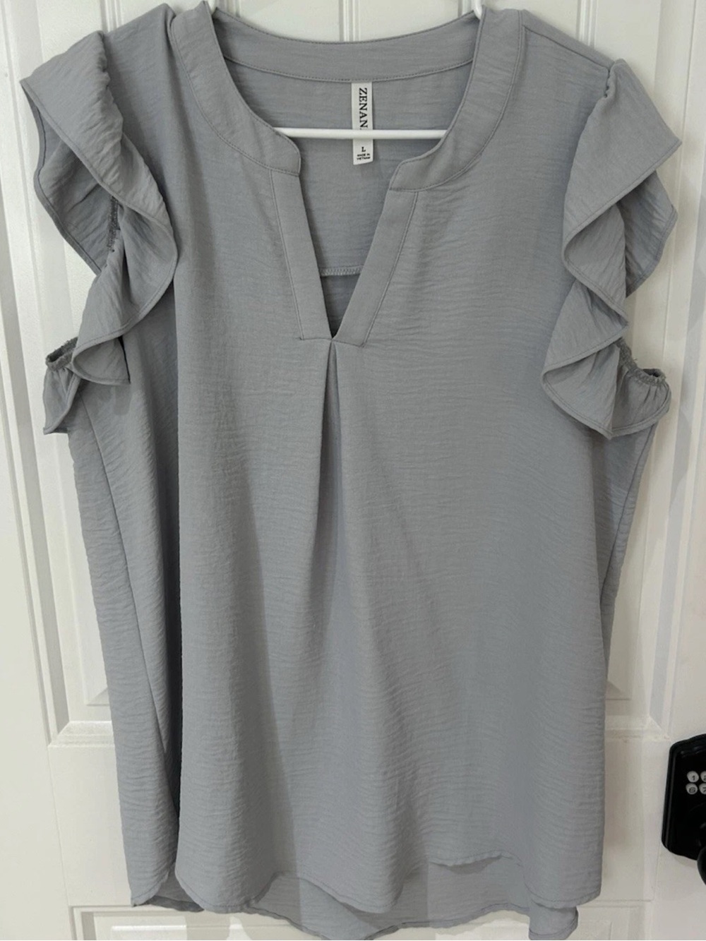 Zenana Outfitters Powder Blue Split V-Neck Ruffle Sleeve Top S